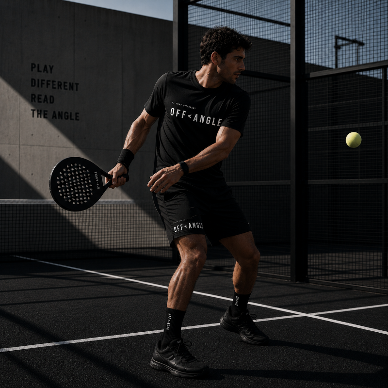 OFF<ANGLE Baseline Shorts Black premium athletic padel shorts in minimalist monochrome sportswear style