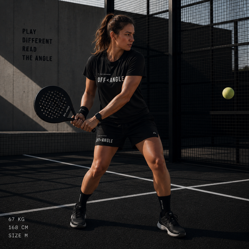 OFF<ANGLE Baseline Shorts Black premium athletic padel shorts in minimalist monochrome sportswear style