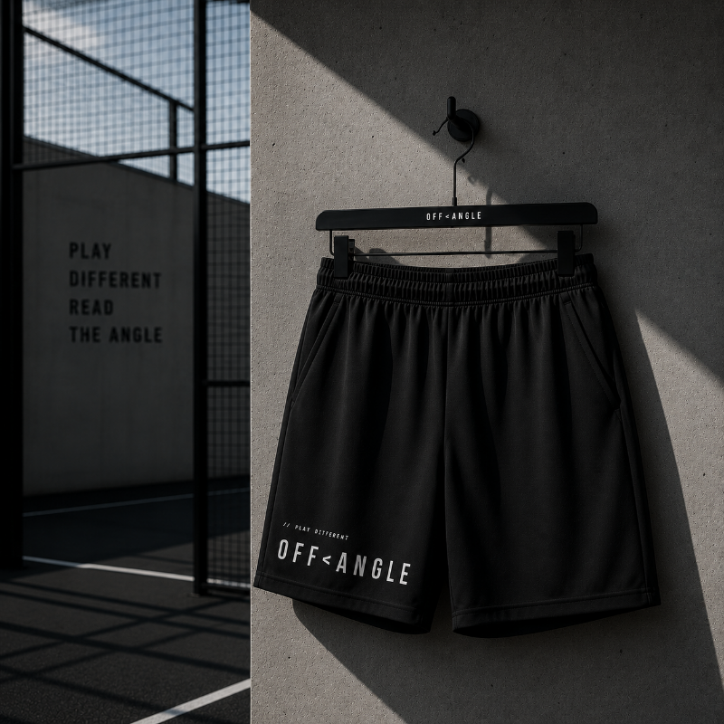 OFF<ANGLE Baseline Shorts Black premium athletic padel shorts in minimalist monochrome sportswear style