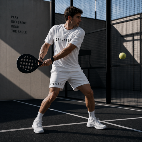 OFF<ANGLE Baseline Shorts White premium athletic padel shorts in minimalist monochrome sportswear style