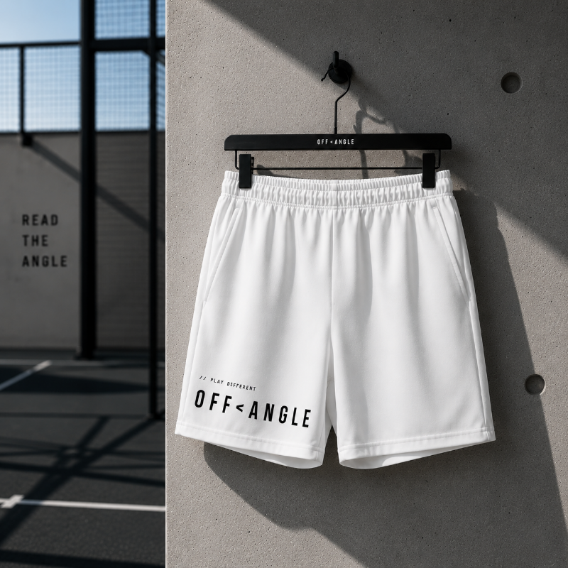 OFF<ANGLE Baseline Shorts White premium athletic padel shorts in minimalist monochrome sportswear style