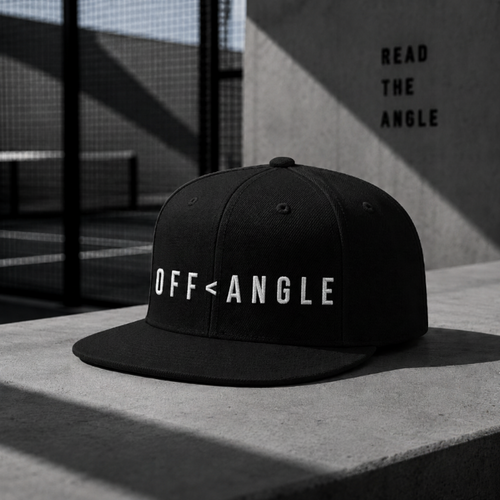 OFF<ANGLE Baseline Snapback Black premium flat brim padel cap with minimalist monochrome streetwear design