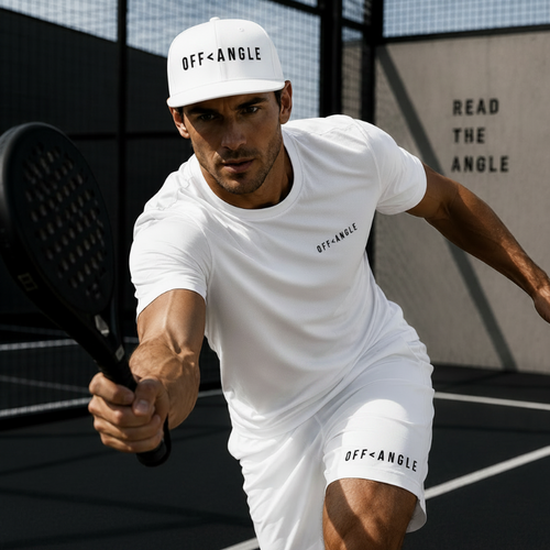 OFF<ANGLE Baseline Snapback White premium flat brim padel cap with minimalist monochrome athletic streetwear design