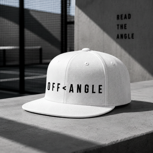 OFF<ANGLE Baseline Snapback White premium flat brim padel cap with minimalist monochrome athletic streetwear design