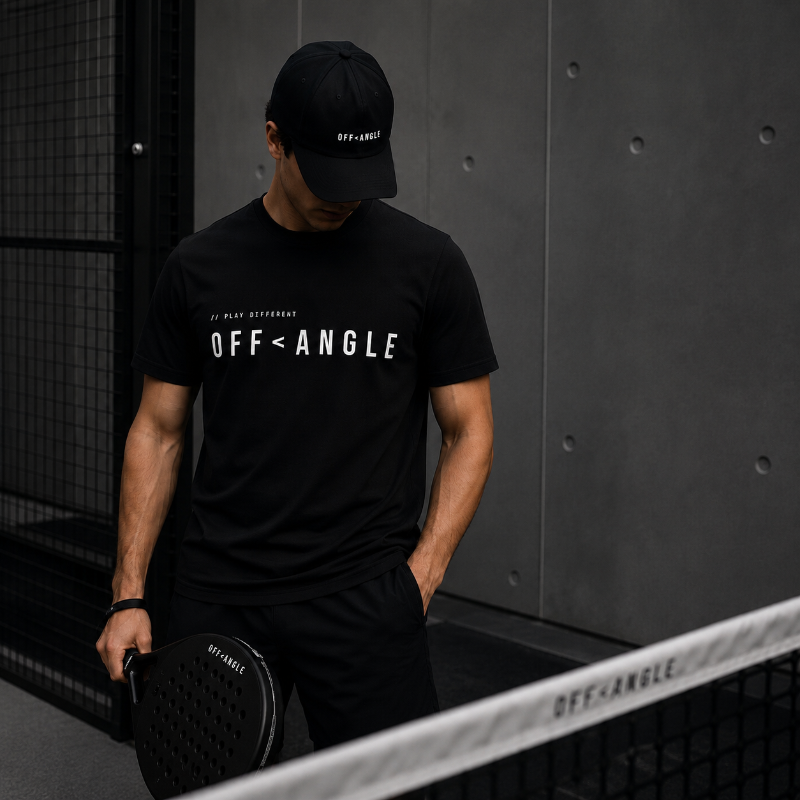 OFF<ANGLE Baseline Tee Black premium organic cotton padel t-shirt in minimalist monochrome editorial sportswear style