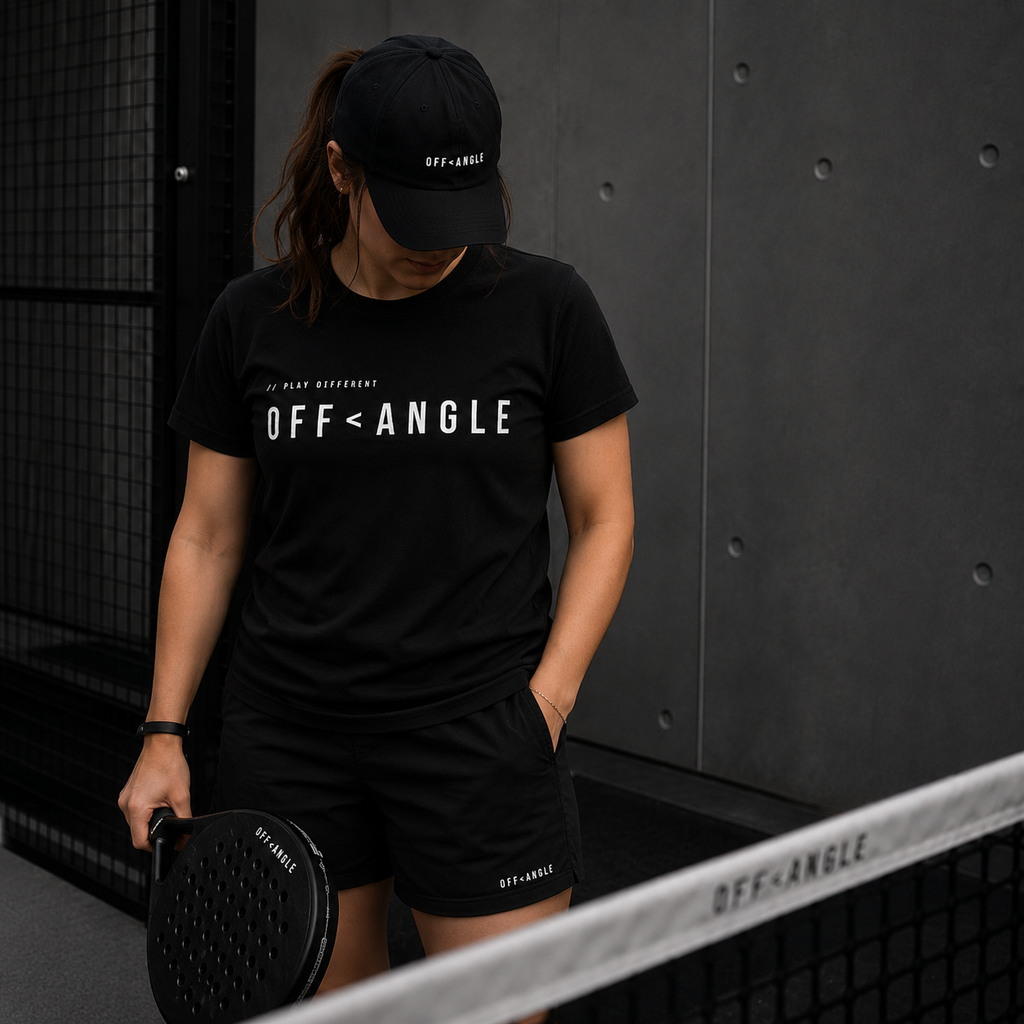 OFF<ANGLE Baseline Tee Black premium organic cotton padel t-shirt in minimalist monochrome editorial sportswear style