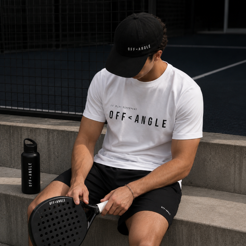 OFF<ANGLE Baseline Tee White premium organic cotton padel t-shirt in minimalist monochrome editorial sportswear style