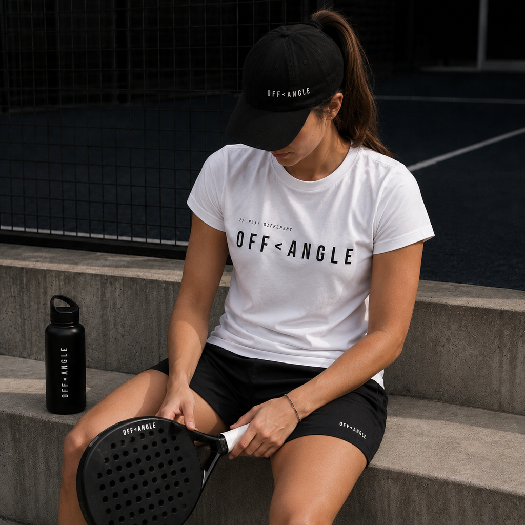 OFF<ANGLE Baseline Tee White premium organic cotton padel t-shirt in minimalist monochrome editorial sportswear style
