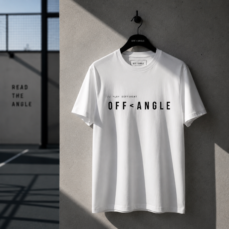 OFF<ANGLE Baseline Tee White premium organic cotton padel t-shirt in minimalist monochrome editorial sportswear style
