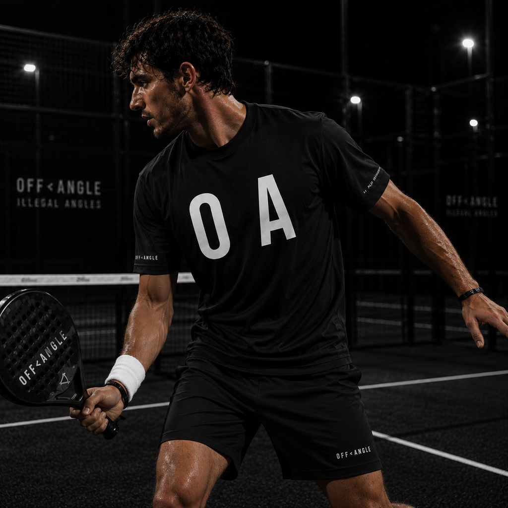 OFF<ANGLE Glass Junkie Tee Black premium monochrome padel t-shirt inspired by aggressive glass play and modern court culture
