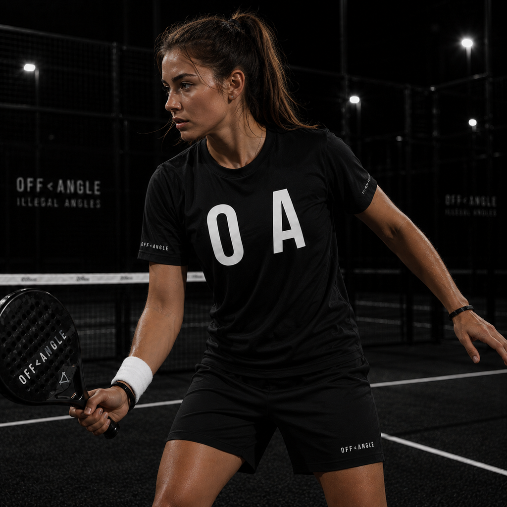 OFF<ANGLE Glass Junkie Tee Black premium monochrome padel t-shirt inspired by aggressive glass play and modern court culture