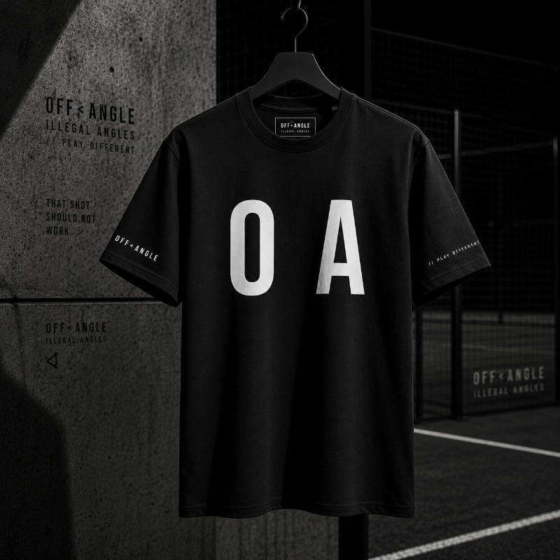 OFF<ANGLE Glass Junkie Tee Black premium monochrome padel t-shirt inspired by aggressive glass play and modern court culture