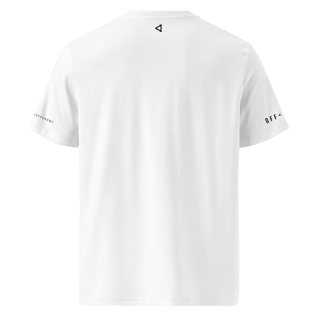 OFF<ANGLE Glass Junkie Tee White premium monochrome padel t-shirt from the ILLEGAL ANGLES collection with oversized O A chest graphic