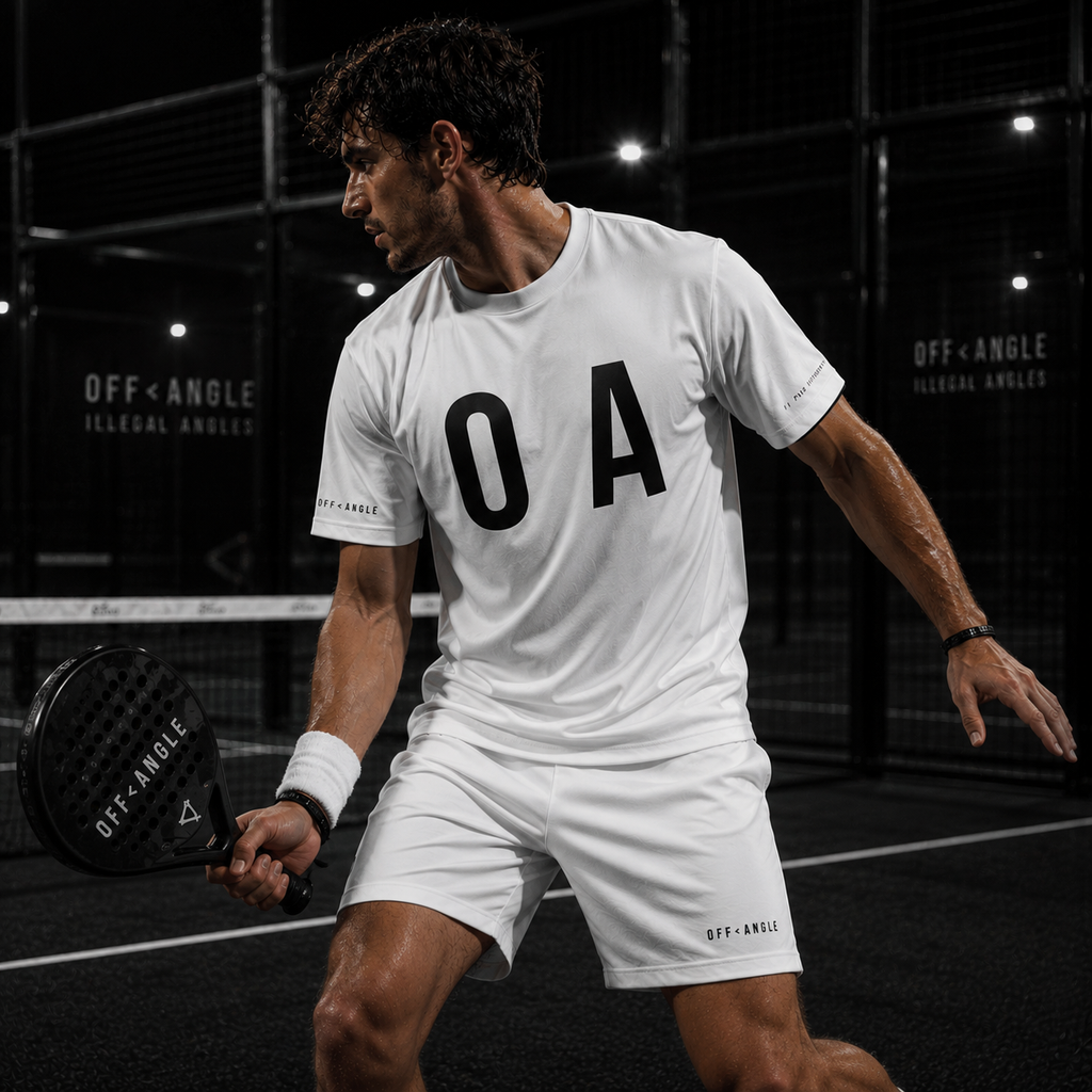 OFF<ANGLE Glass Junkie Tee White premium monochrome padel t-shirt from the ILLEGAL ANGLES collection with oversized O A chest graphic