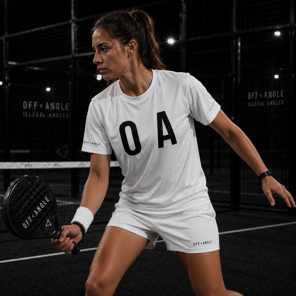 OFF<ANGLE Glass Junkie Tee White premium monochrome padel t-shirt from the ILLEGAL ANGLES collection with oversized O A chest graphic