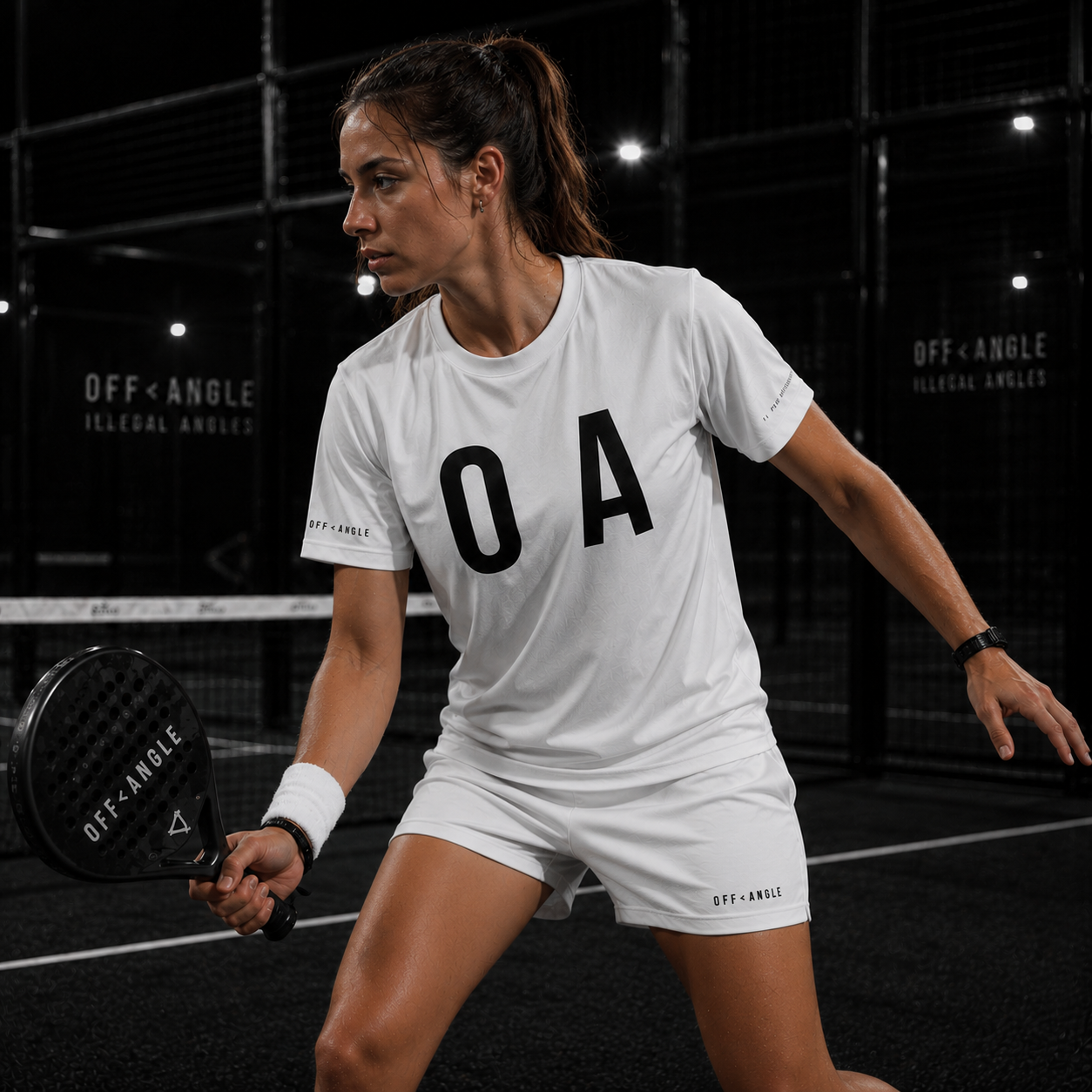 OFF<ANGLE Glass Junkie Tee White premium monochrome padel t-shirt from the ILLEGAL ANGLES collection with oversized O A chest graphic