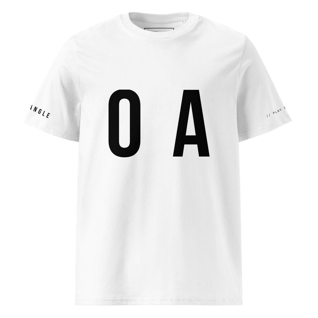 OFF<ANGLE Glass Junkie Tee White premium monochrome padel t-shirt from the ILLEGAL ANGLES collection with oversized O A chest graphic
