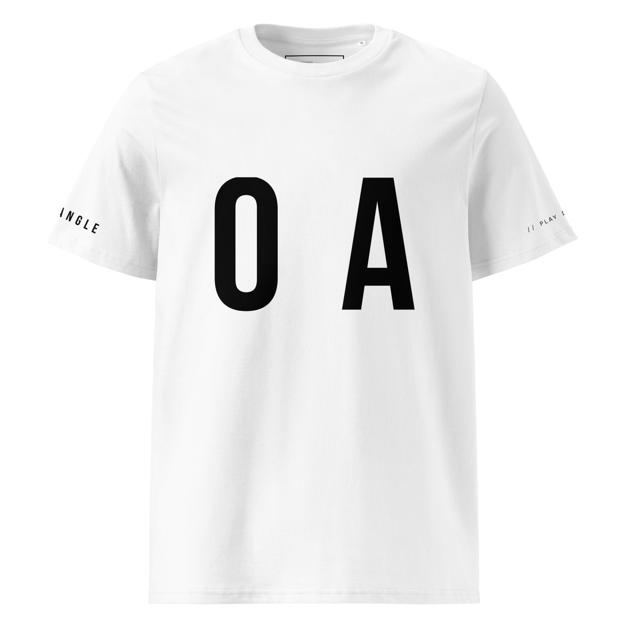 OFF<ANGLE Glass Junkie Tee White premium monochrome padel t-shirt from the ILLEGAL ANGLES collection with oversized O A chest graphic
