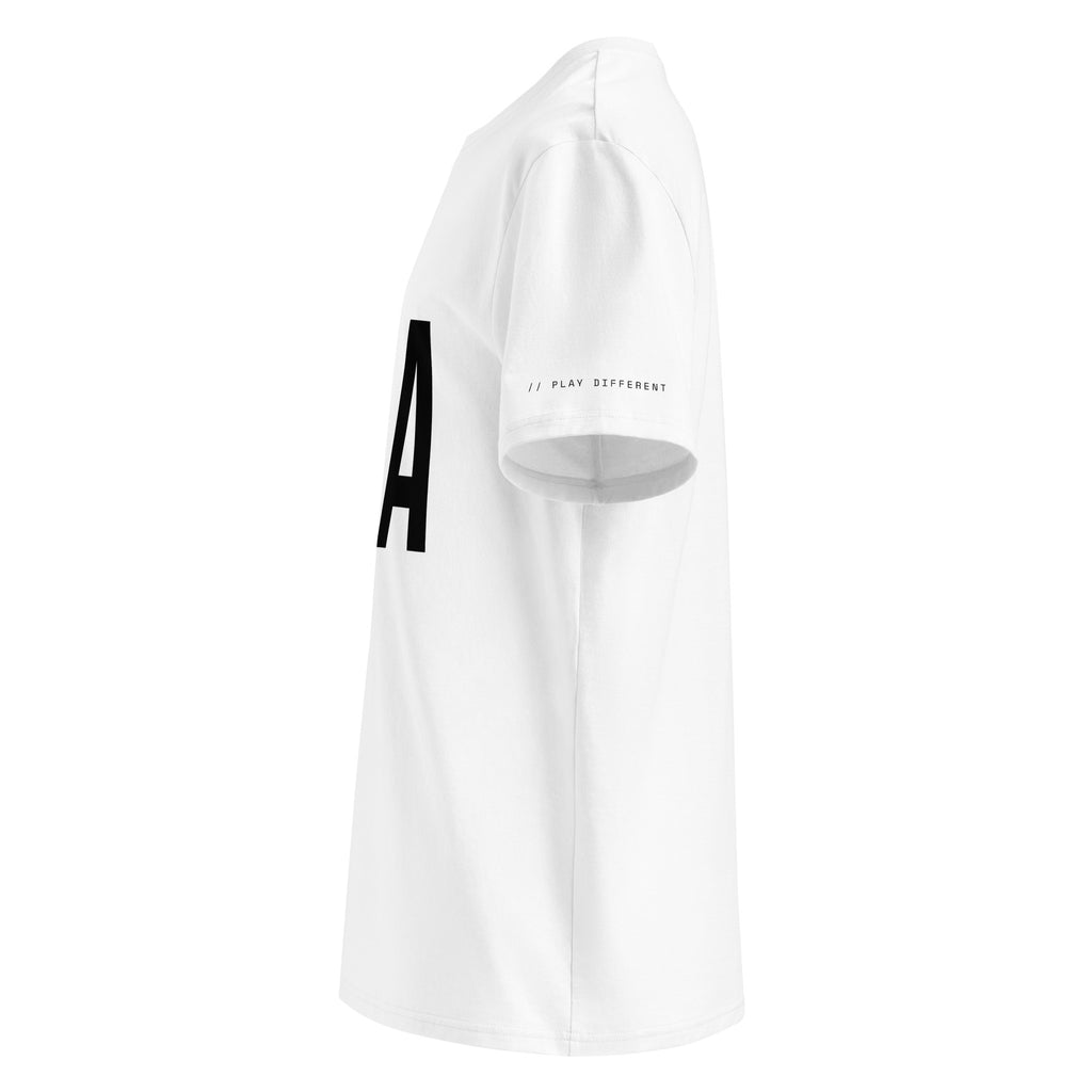 OFF<ANGLE Glass Junkie Tee White premium monochrome padel t-shirt from the ILLEGAL ANGLES collection with oversized O A chest graphic