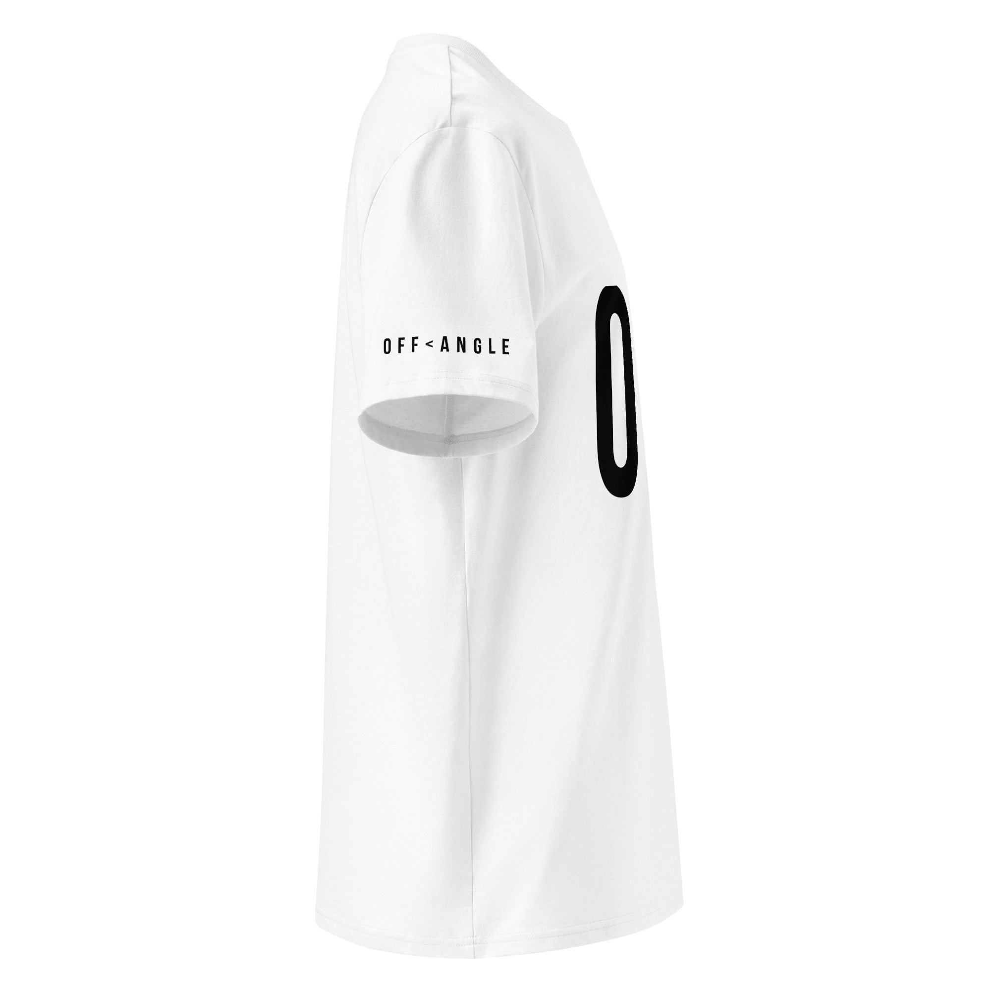 OFF<ANGLE Glass Junkie Tee White premium monochrome padel t-shirt from the ILLEGAL ANGLES collection with oversized O A chest graphic
