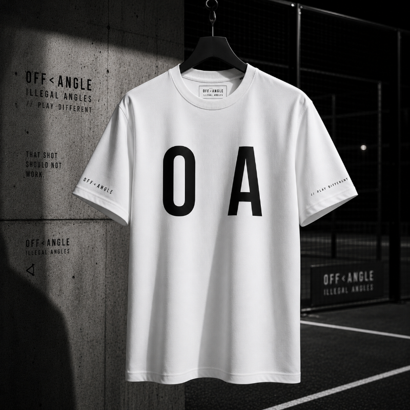 OFF<ANGLE Glass Junkie Tee White premium monochrome padel t-shirt from the ILLEGAL ANGLES collection with oversized O A chest graphic
