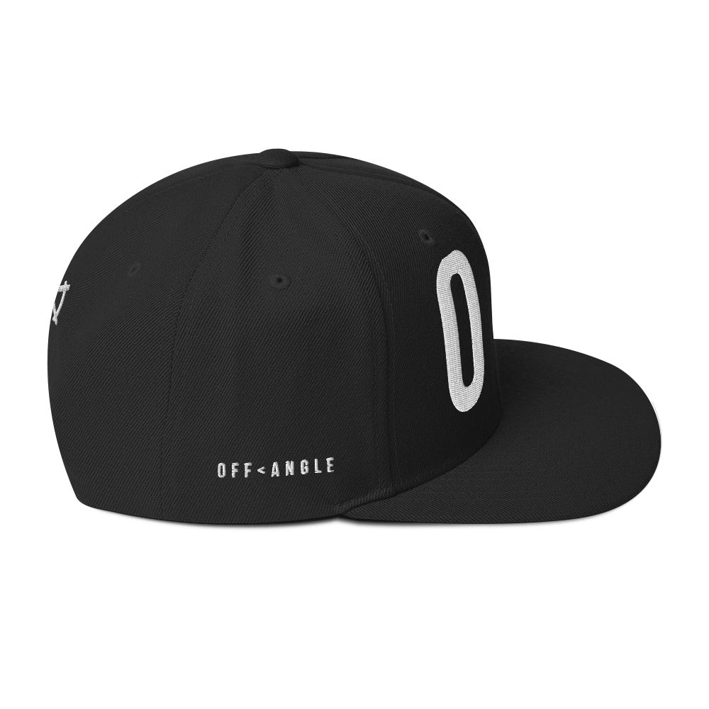 OFF<ANGLE Out Of Position Cap Black premium snapback cap from the ILLEGAL ANGLES collection with oversized white O A front embroidery