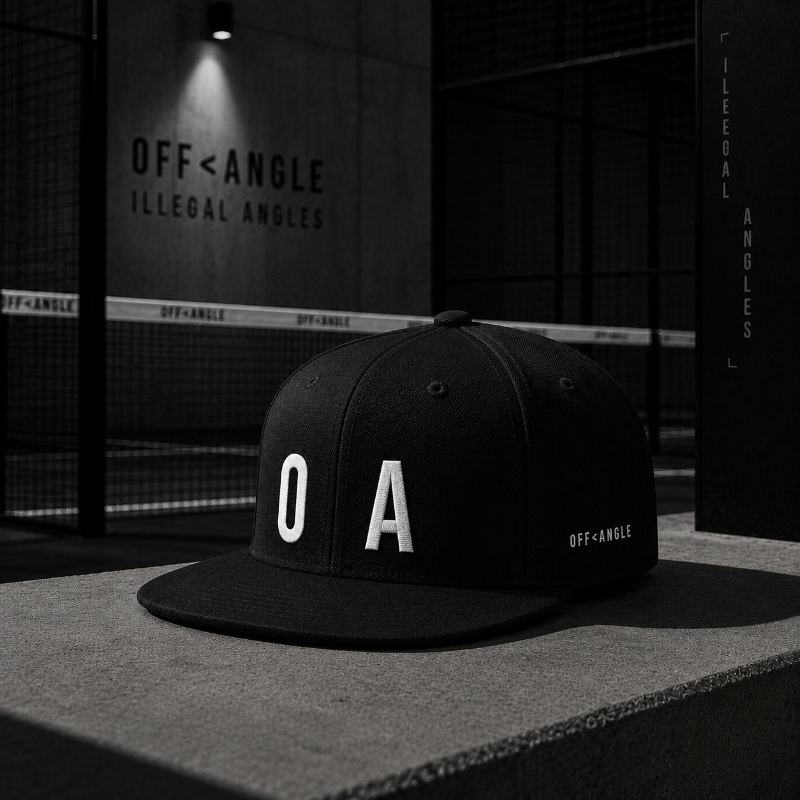 OFF<ANGLE Out Of Position Cap Black premium snapback cap from the ILLEGAL ANGLES collection with oversized white O A front embroidery