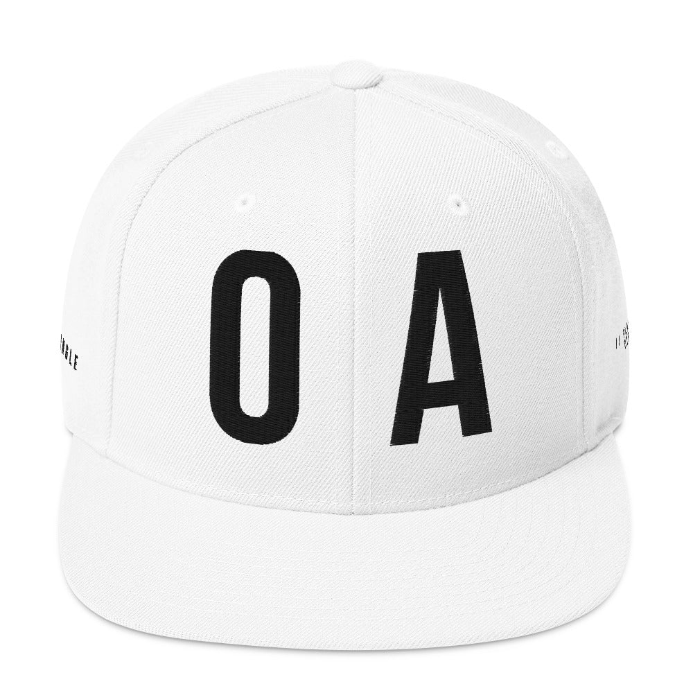OFF<ANGLE Out Of Position Cap White premium snapback cap from the ILLEGAL ANGLES collection with oversized O A front embroidery