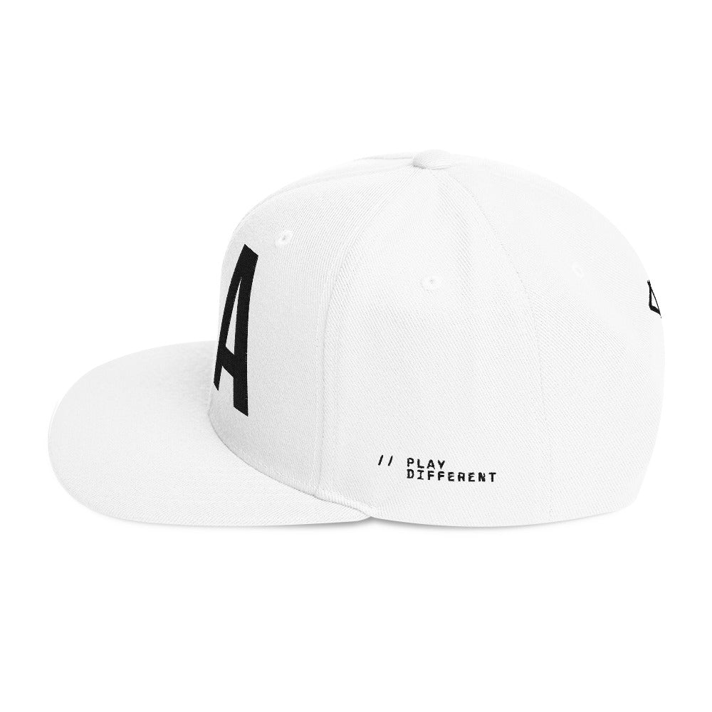 OFF<ANGLE Out Of Position Cap White premium snapback cap from the ILLEGAL ANGLES collection with oversized O A front embroidery
