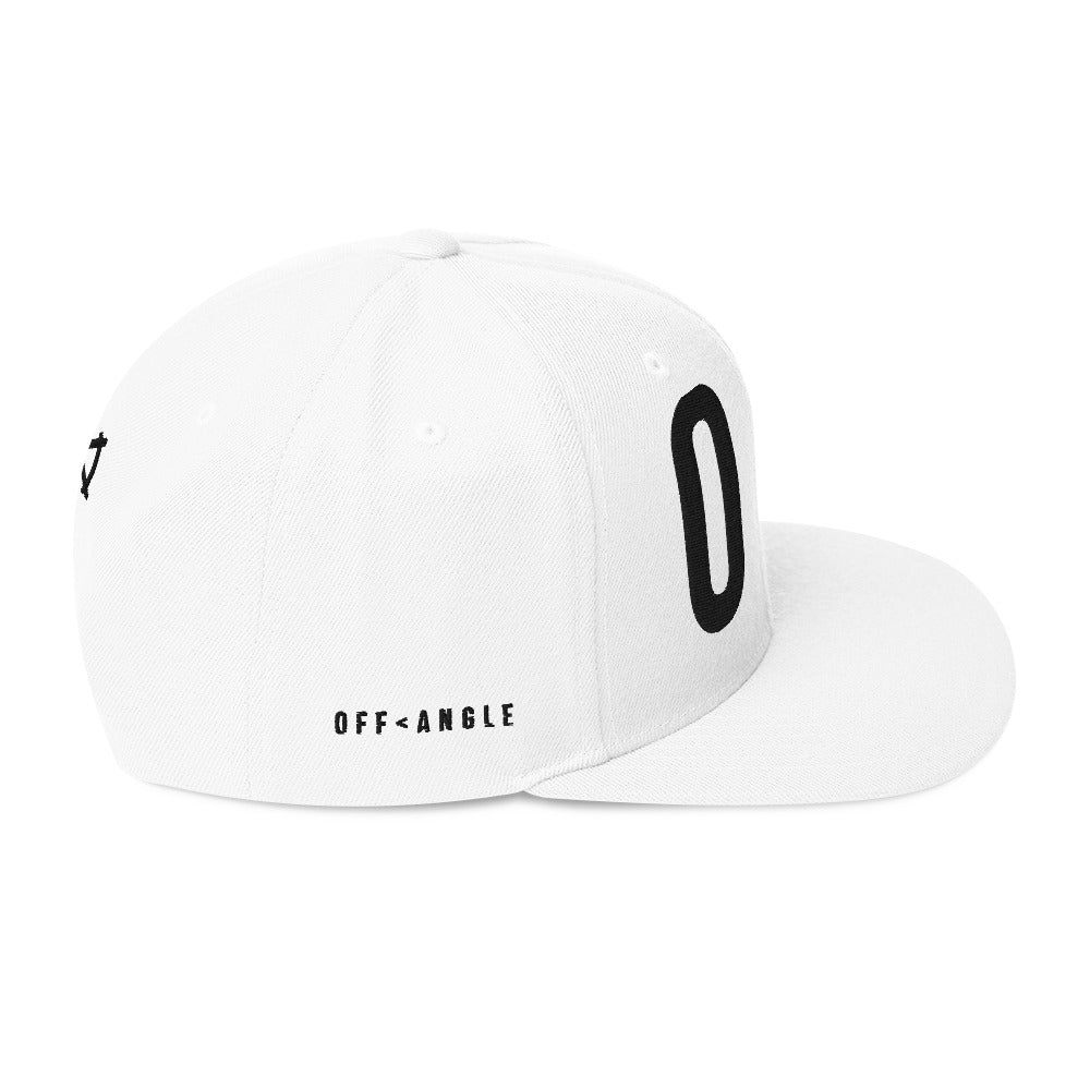 OFF<ANGLE Out Of Position Cap White premium snapback cap from the ILLEGAL ANGLES collection with oversized O A front embroidery