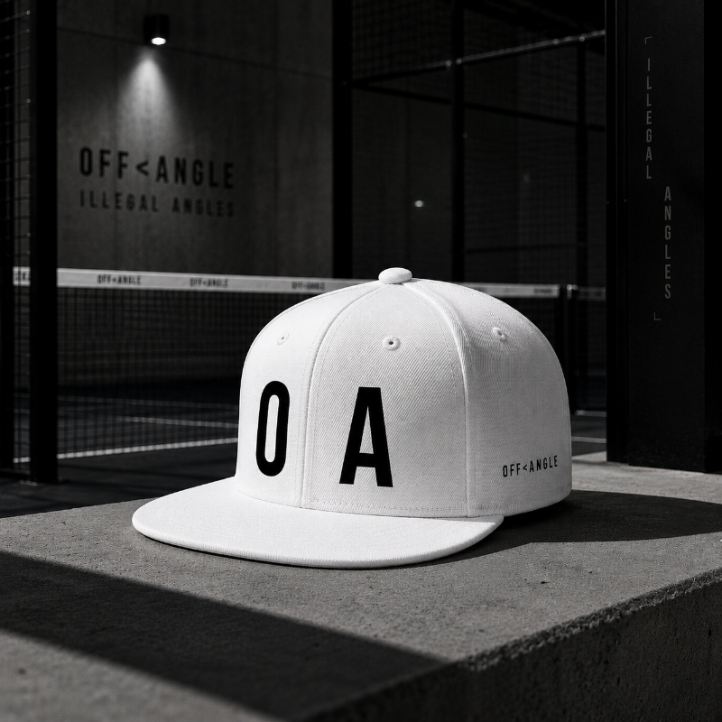 OFF<ANGLE Out Of Position Cap White premium snapback cap from the ILLEGAL ANGLES collection with oversized O A front embroidery