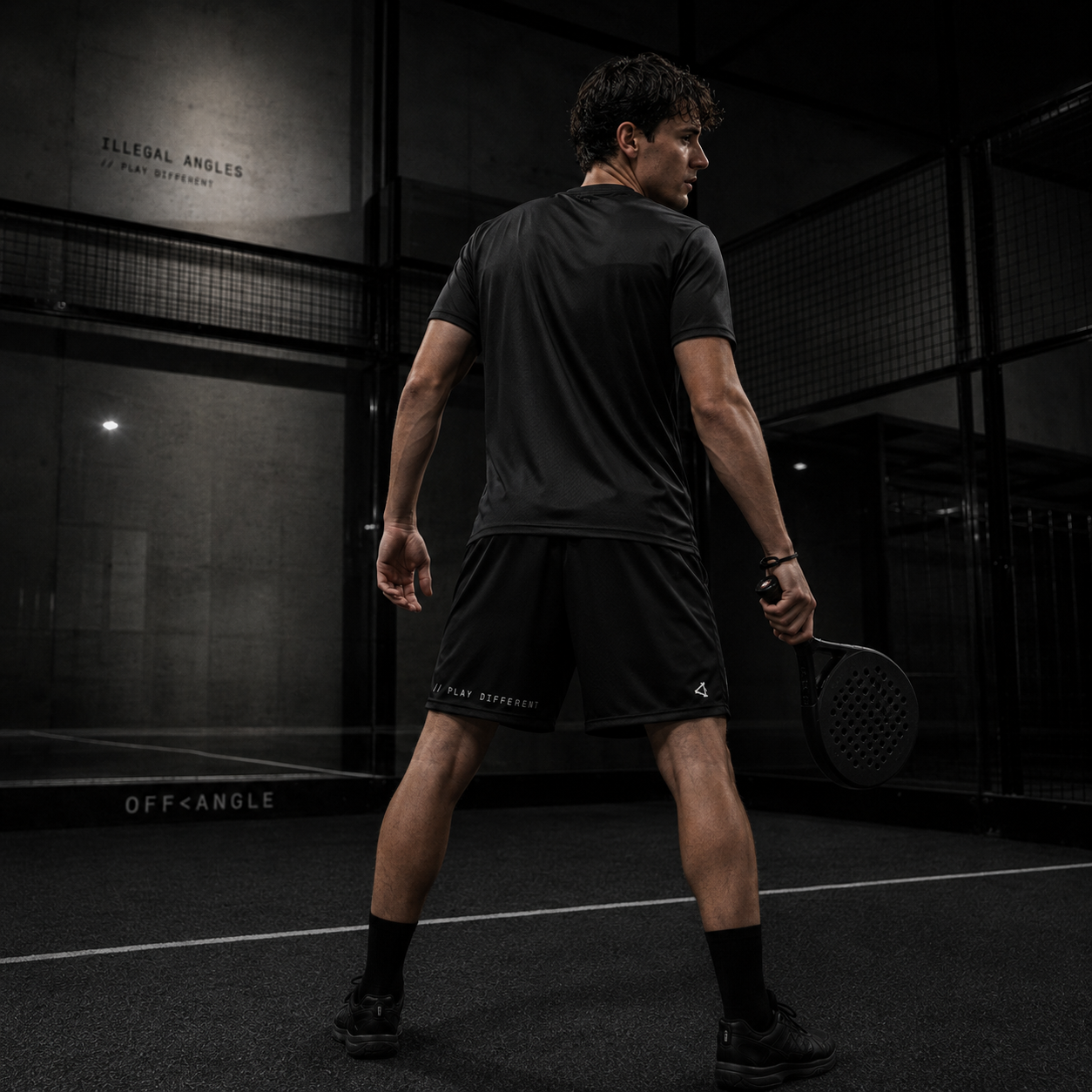 OFF<ANGLE Play Different Shorts Black performance padel shorts from the ILLEGAL ANGLES collection