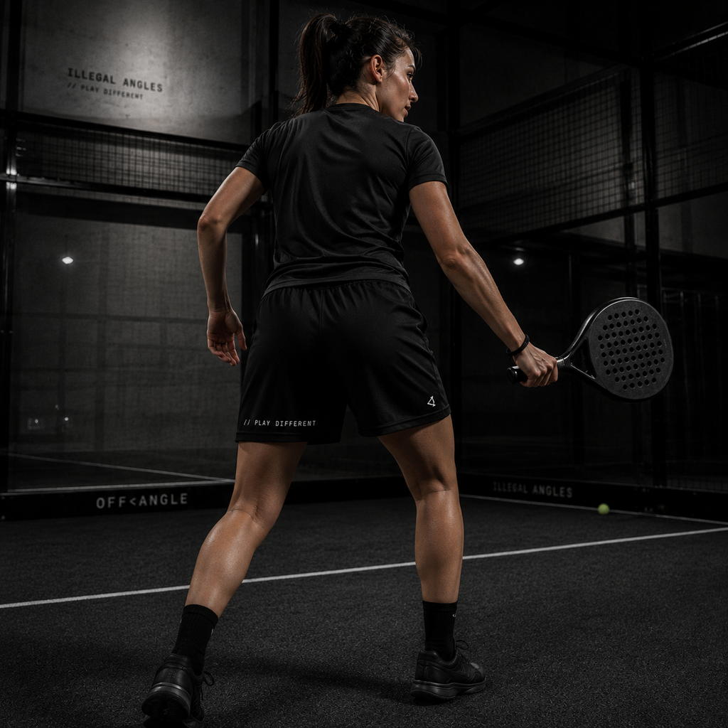 OFF<ANGLE Play Different Shorts Black performance padel shorts from the ILLEGAL ANGLES collection