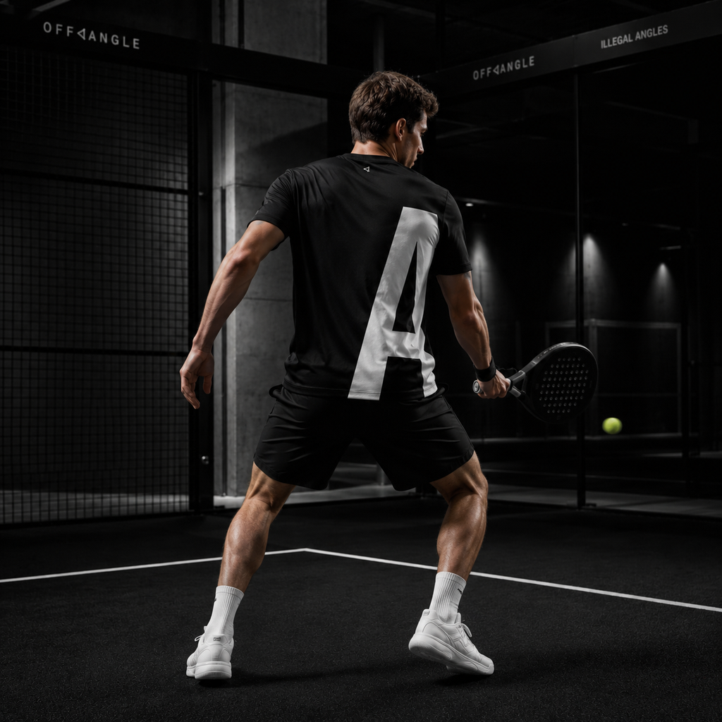 OFF<ANGLE Play Different Tee Black performance padel shirt from the ILLEGAL ANGLES collection