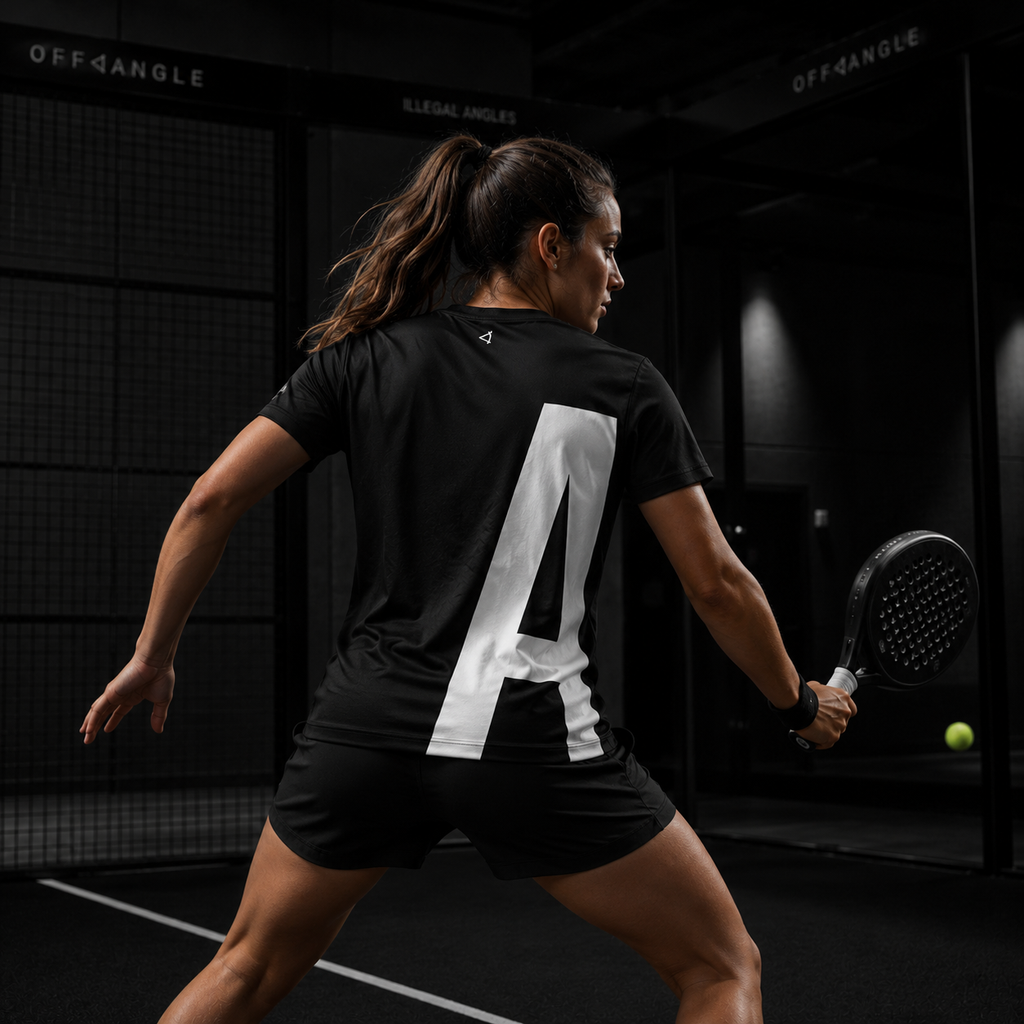 OFF<ANGLE Play Different Tee Black performance padel shirt from the ILLEGAL ANGLES collection