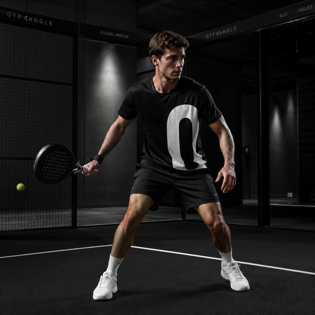 OFF<ANGLE Play Different Tee Black performance padel shirt from the ILLEGAL ANGLES collection
