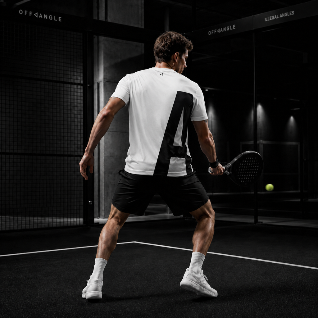 OFF<ANGLE Play Different Tee White performance padel shirt from the ILLEGAL ANGLES collection
