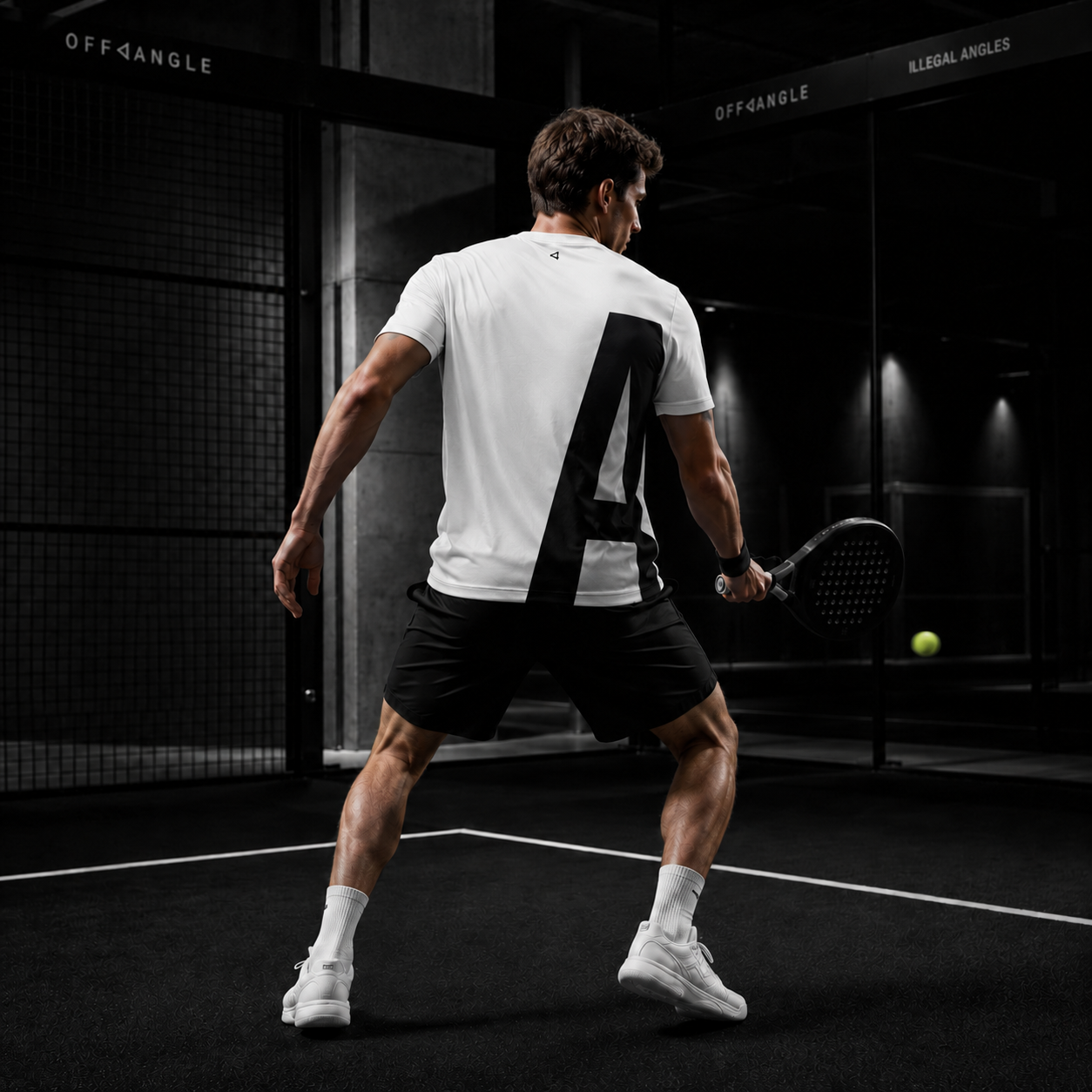 OFF<ANGLE Play Different Tee White performance padel shirt from the ILLEGAL ANGLES collection