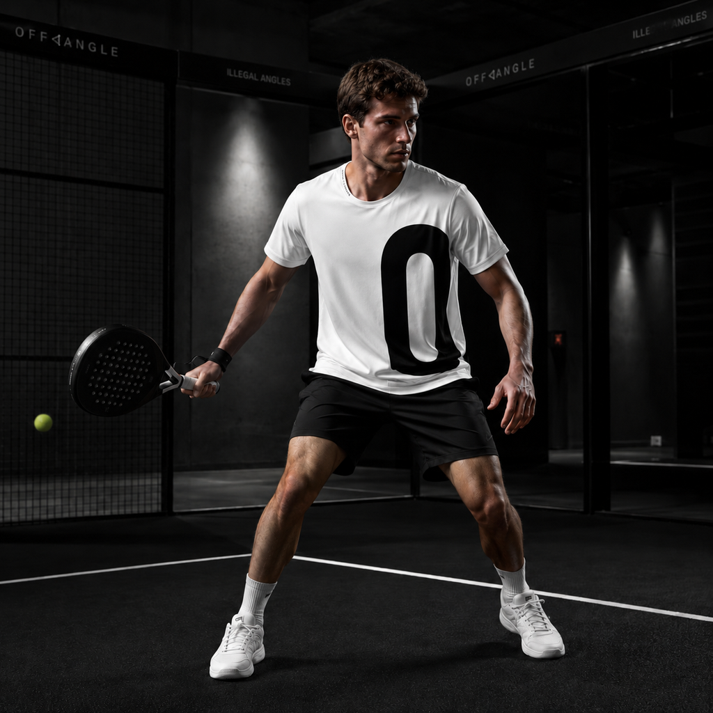 OFF<ANGLE Play Different Tee White performance padel shirt from the ILLEGAL ANGLES collection