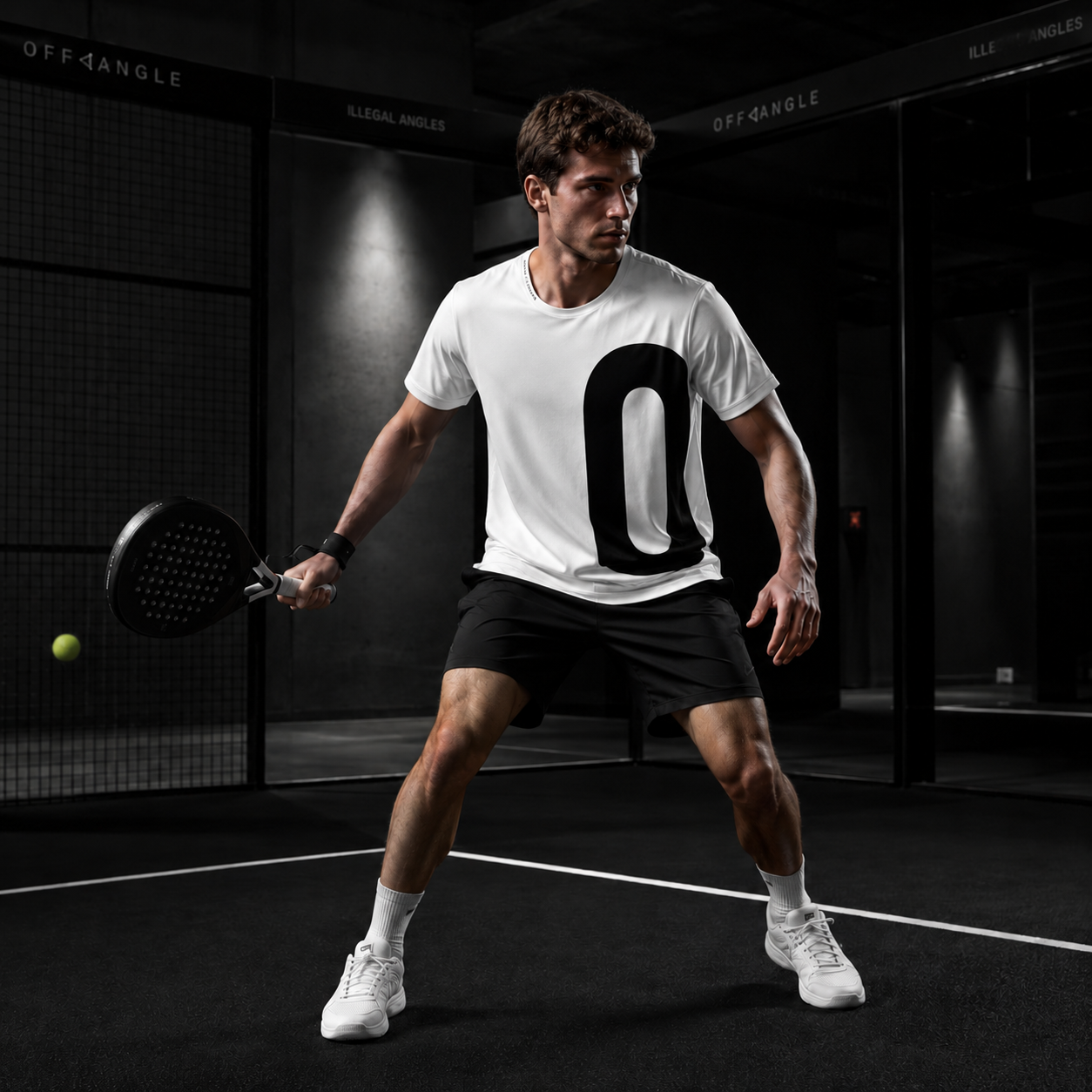 OFF<ANGLE Play Different Tee White performance padel shirt from the ILLEGAL ANGLES collection
