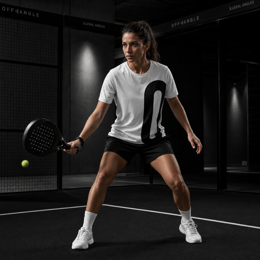 OFF<ANGLE Play Different Tee White performance padel shirt from the ILLEGAL ANGLES collection