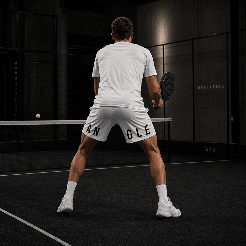 OFF<ANGLE Transition Shorts White performance padel shorts from the READ THE ANGLE collection