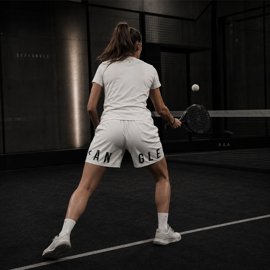 OFF<ANGLE Transition Shorts White performance padel shorts from the READ THE ANGLE collection