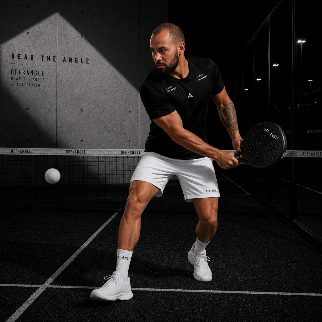 OFF<ANGLE Transition Tee Black performance padel shirt from the READ THE ANGLE collection