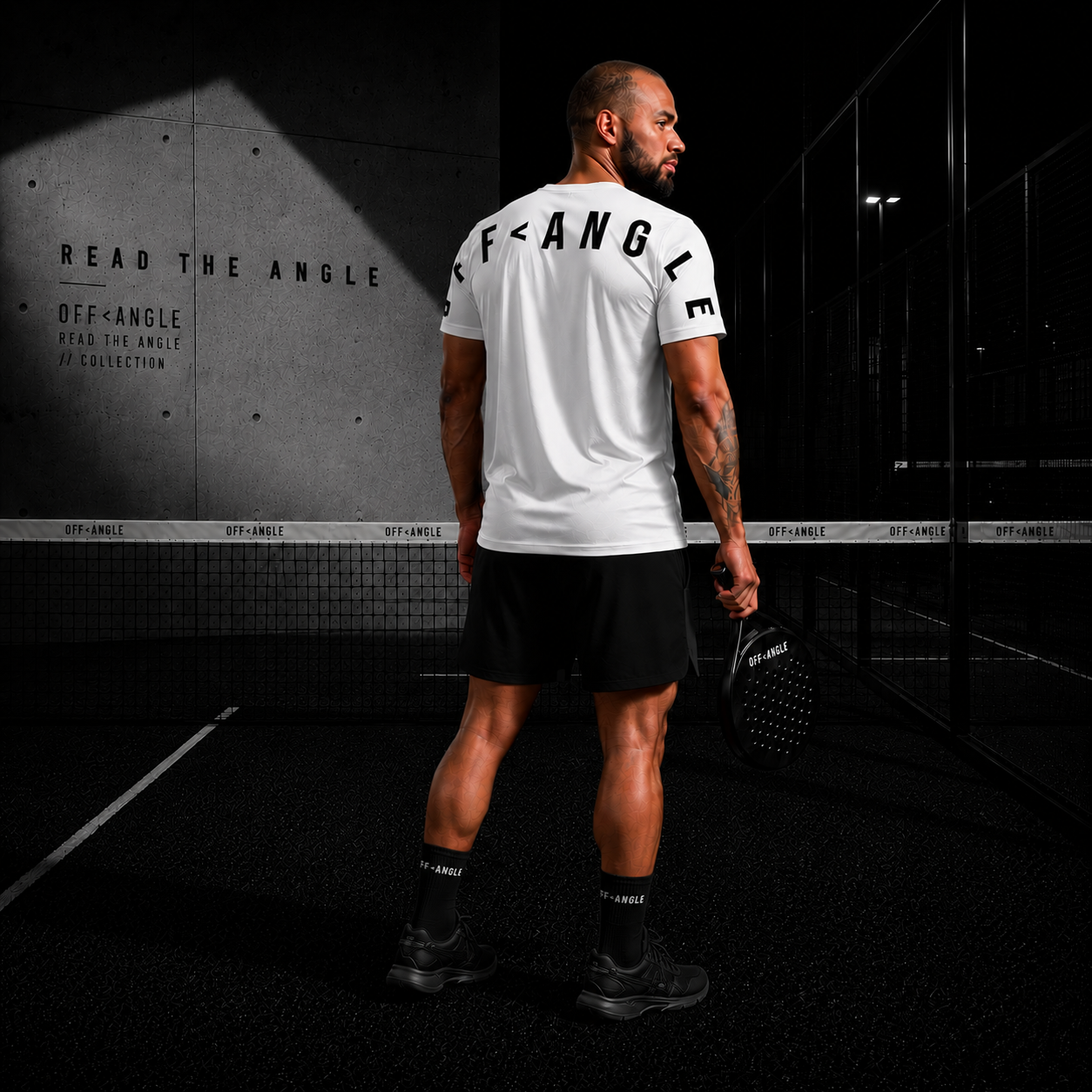 OFF<ANGLE Transition Tee White performance padel shirt from the READ THE ANGLE collection