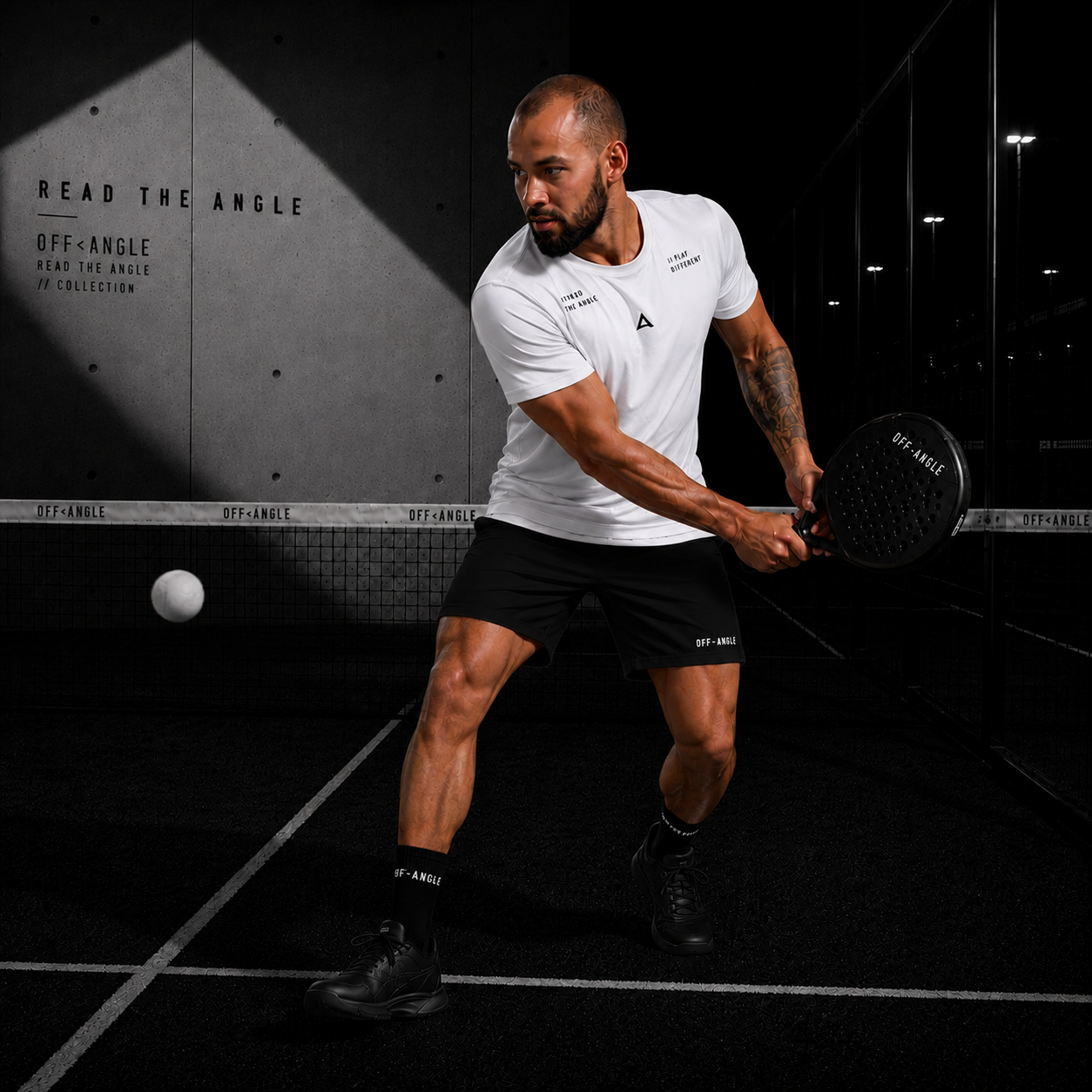 OFF<ANGLE Transition Tee White performance padel shirt from the READ THE ANGLE collection