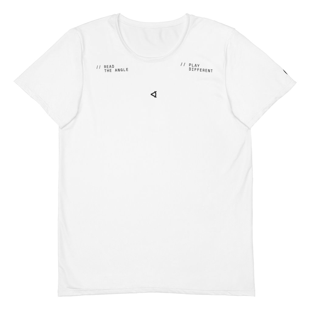 OFF<ANGLE Transition Tee White performance padel shirt from the READ THE ANGLE collection